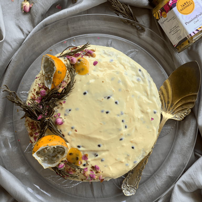 Eggless Vanilla Cake with Passionfruit Curd Icing